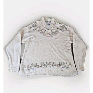 Vintage Bedford Fair L Floral Embroidered Crochet Pearl Sweater Cottagecore‎